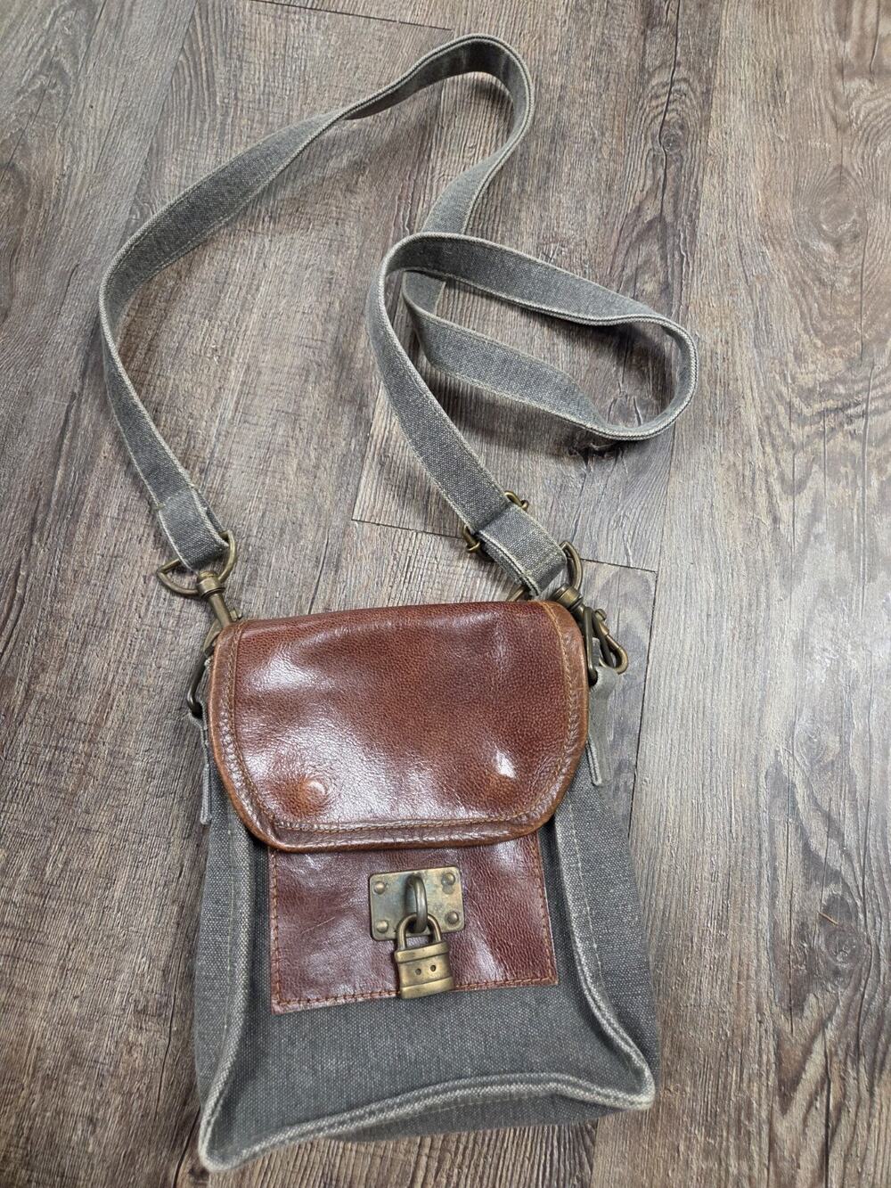 Mona B Upcycled Locksmith Crossbody Messenger Bag Purse Canvas Leather Khaki